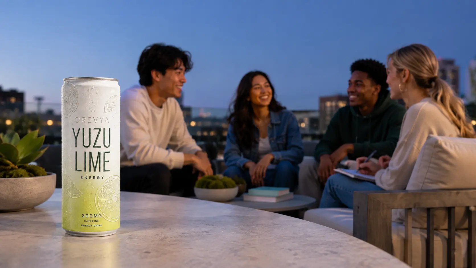 OREVYA Yuzu Lime energy drink concept beside friends socializing at blue hour