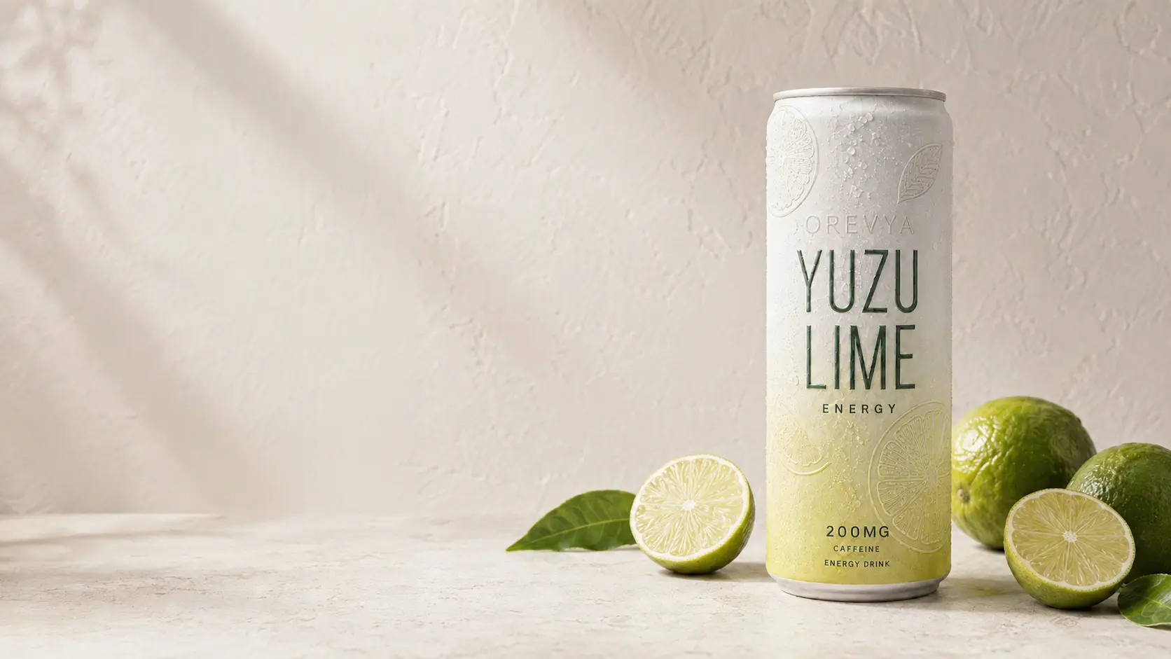 OREVYA Yuzu Lime energy drink concept in morning light